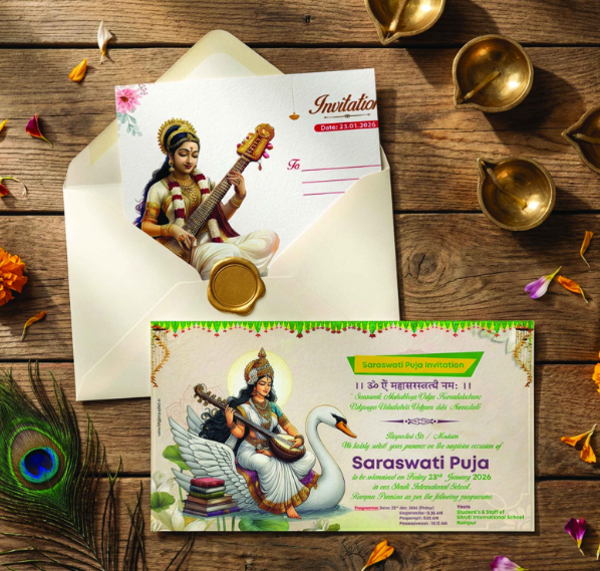 thumbnail Maa Saraswati Puja Invitation Card PSD Template  8x5 Inches